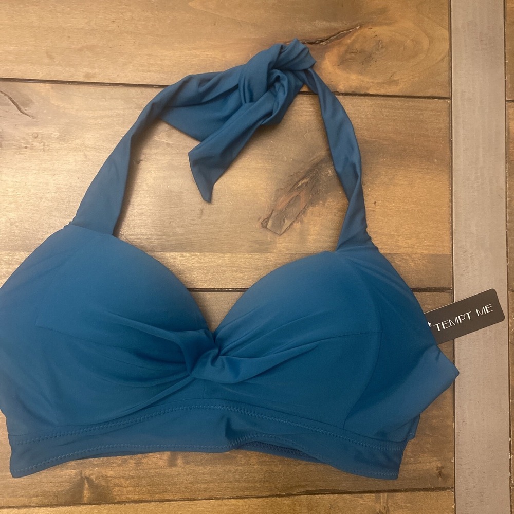 Tempt Me Blue halter Bikini Top Medium full coverage cup NEW twist front swim
